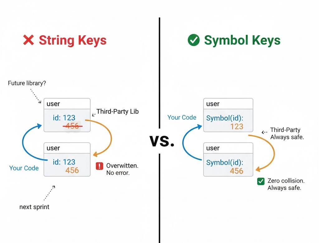 JS string key property collision Vs JavaScript Symbol key isolation in a object