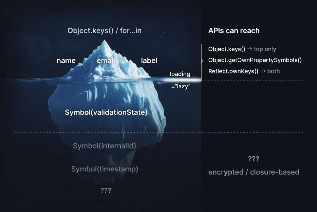 Iceberg diagram showing hidden Symbol properties and visible object keys in JavaScript