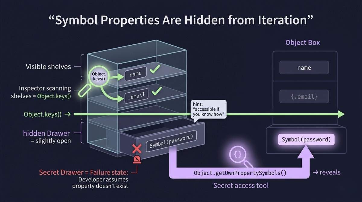 diagram showing why use symbol in javascript to hide properties from Object.keys and access via getOwnPropertySymbols