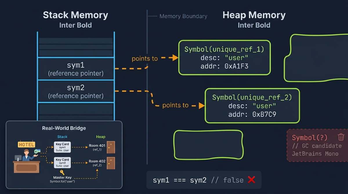 JavaScript Symbol data type showing unique values in heap memory with stack references