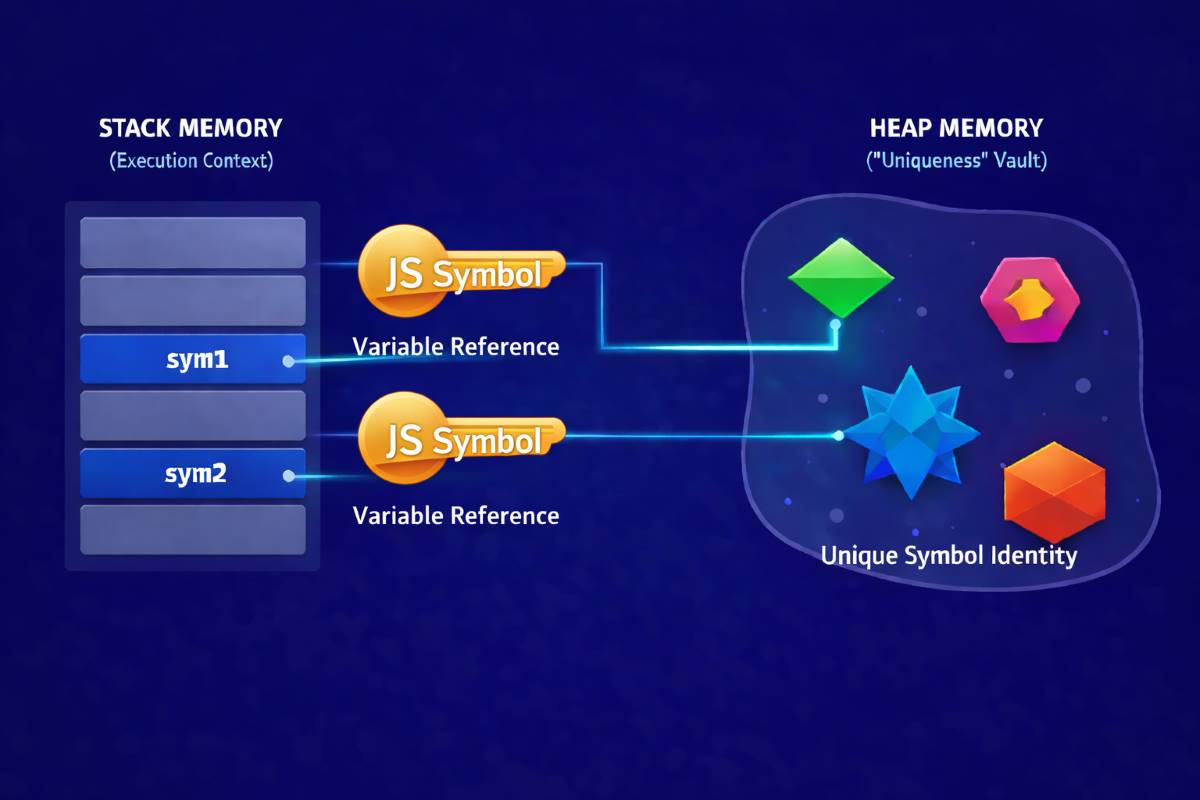 JavaScript Symbol data type showing stack memory variable references linked to unique identities in heap memory