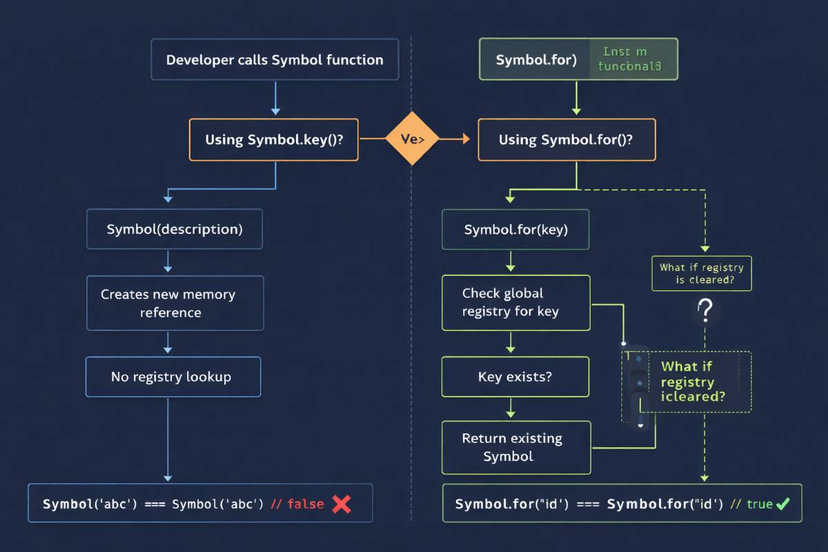 JavaScript Symbol data type comparison showing Symbol.for and Symbol.key behavior with global registry