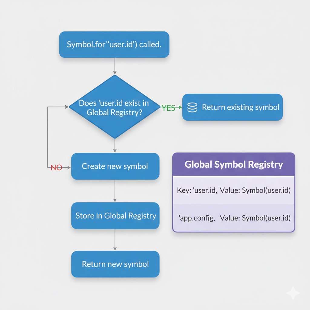 Flowchart explaining how JavaScript Symbol.for() works with the Global Symbol Registry