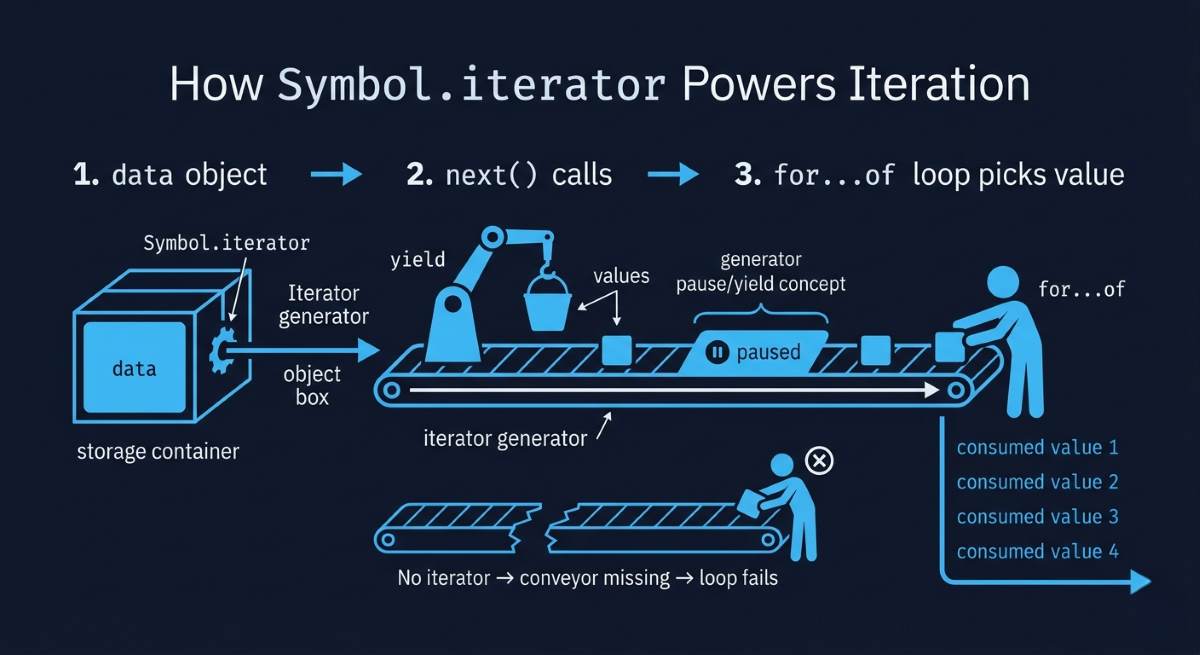 diagram showing why use symbol in javascript Symbol.iterator to enable for...of loops using generator and next() iteration
