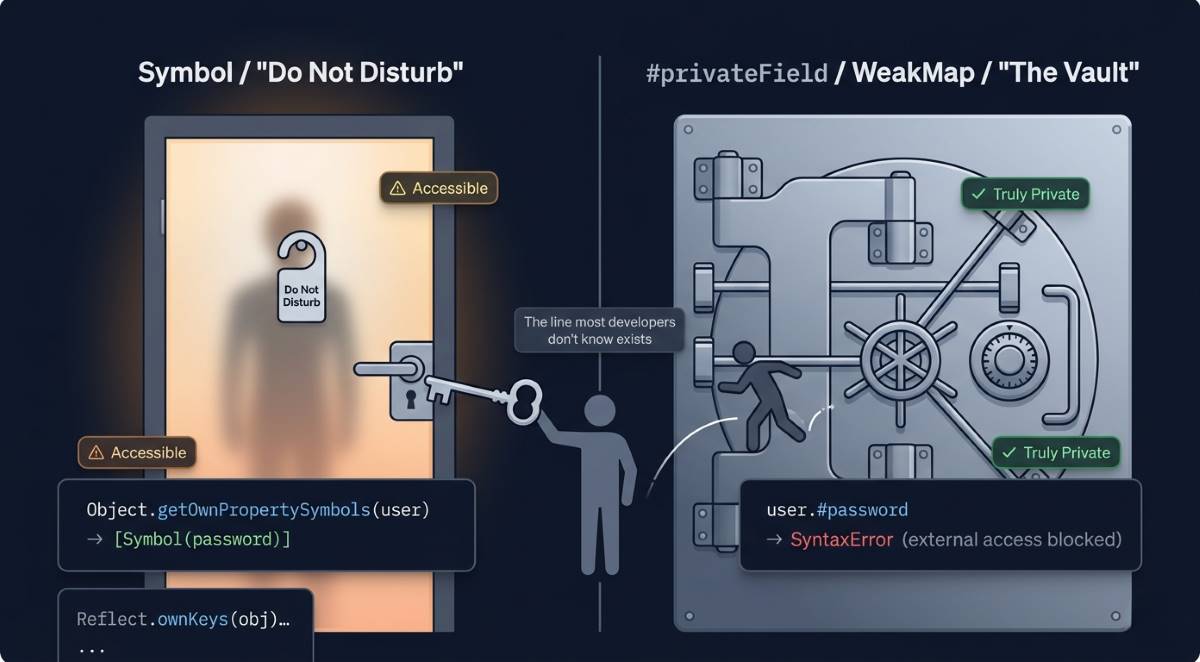 Symbol as frosted door vs WeakMap vault — Object.getOwnPropertySymbols bypasses symbol privacy in JS