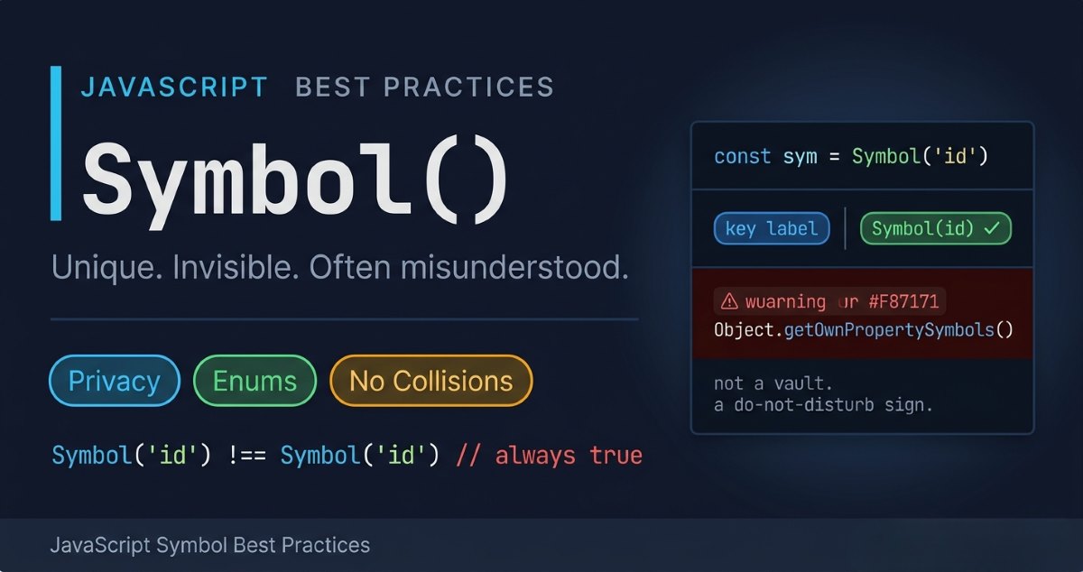JavaScript Symbol best practices featured image with Symbol() headline and code card