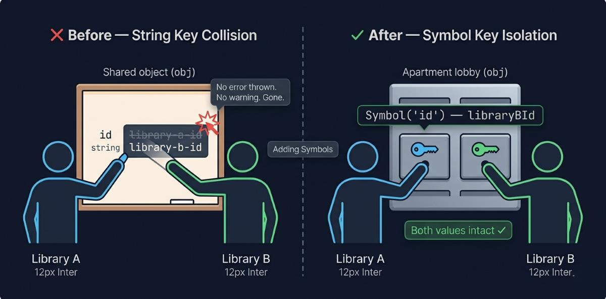 String key collision vs Symbol key isolation between Library A and Library B 